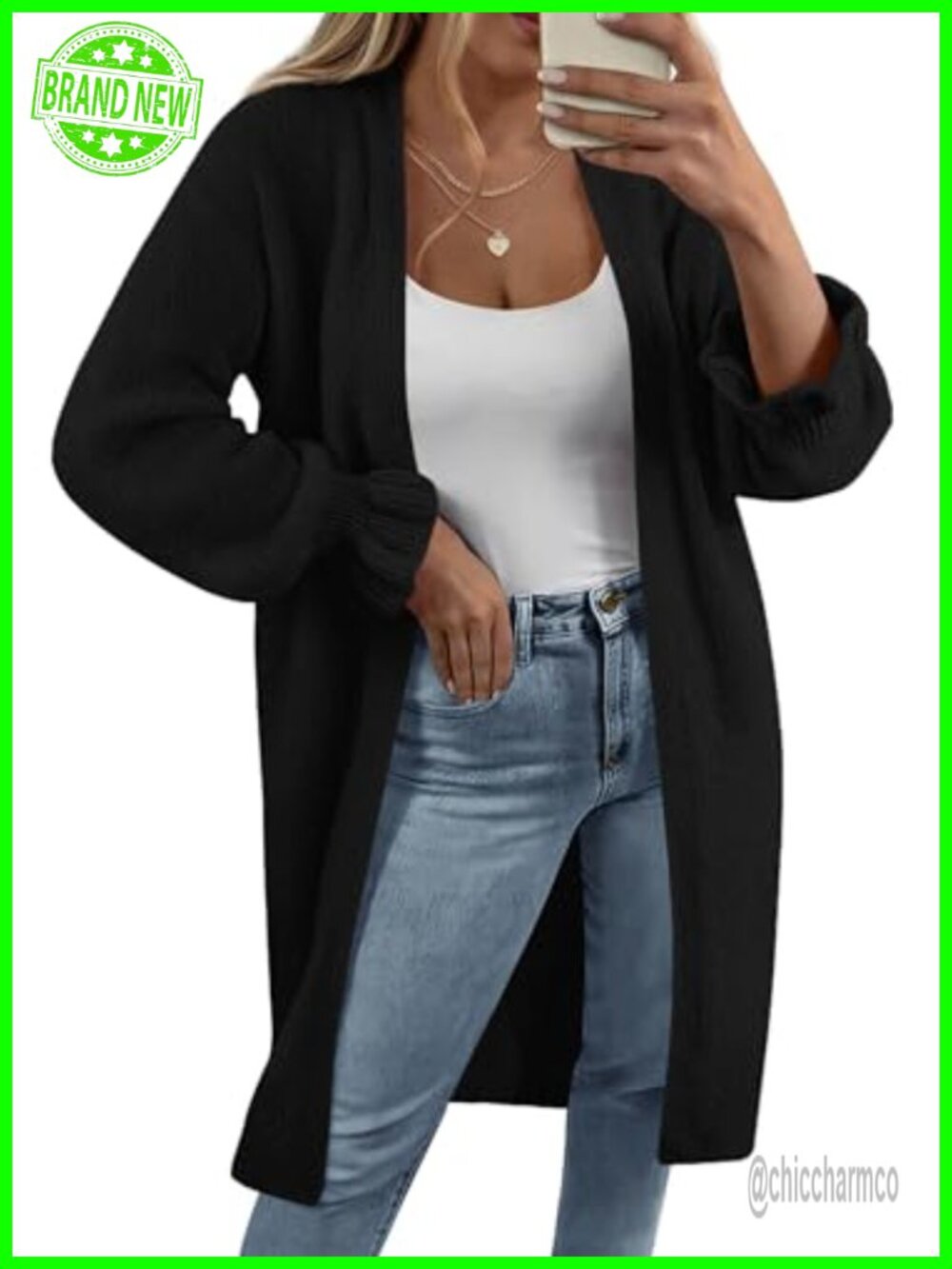 Oversized Open Front Cardigan Sweater Long Sleeve Ruffle Cuff Women